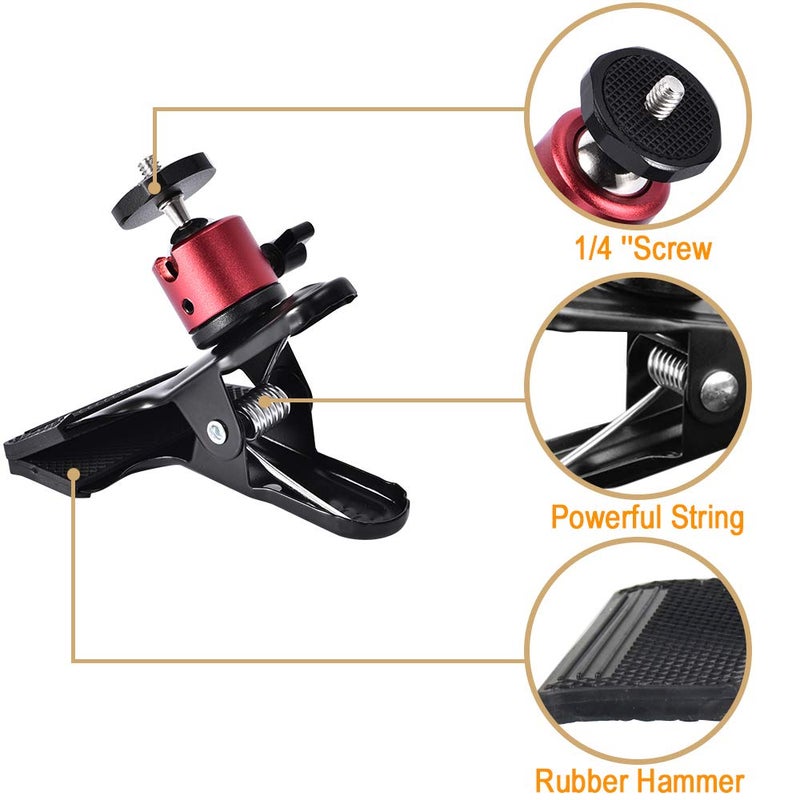 UTEBIT Tripod Camera Clip Clamp with 360 Degree Swivel Mini Ball Head 2 Pack Clip Camera Mount Photography Accessories 1/4'' Screw Black Spring Clamp for DSLR Video Photoshoot Studio - Image 2